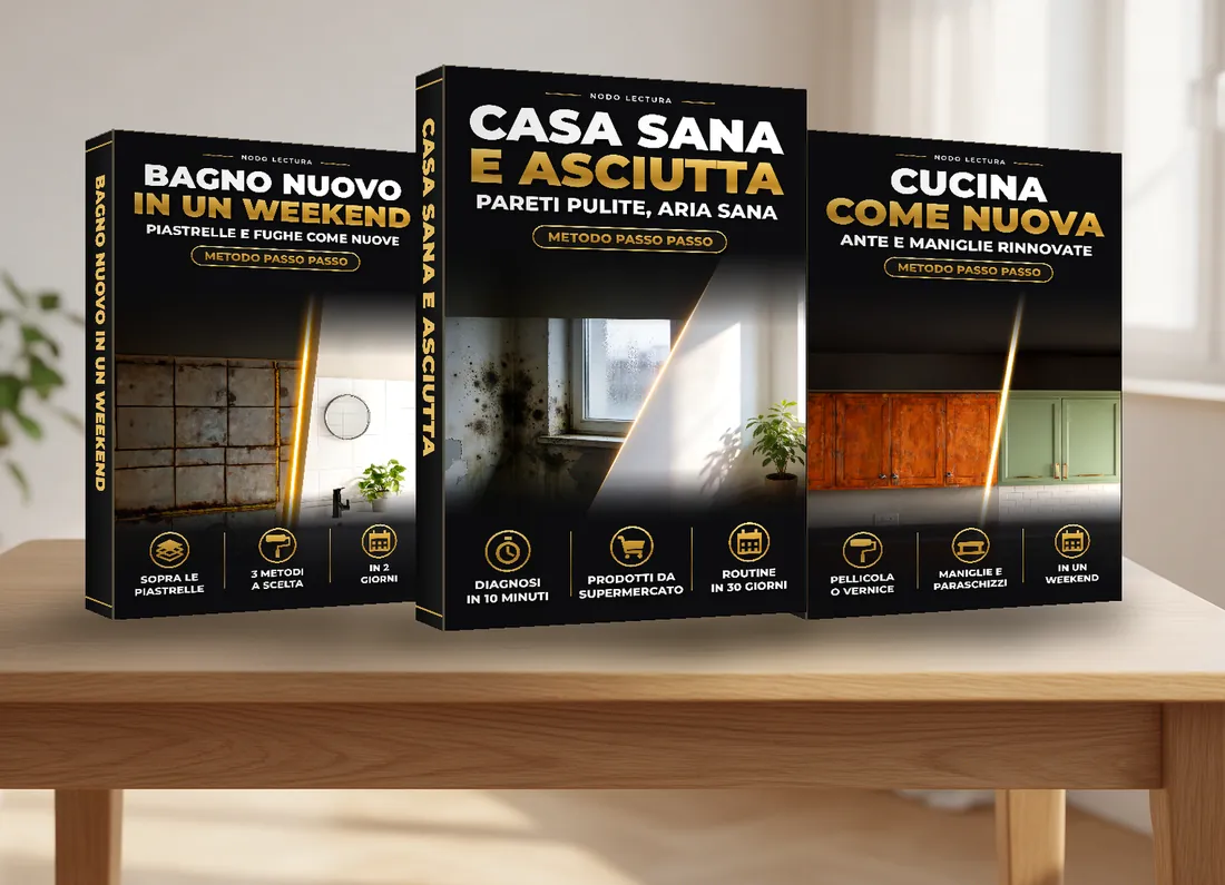 Las tres guías prácticas en 3D sobre una mesa de madera: Bagno Nuovo in un Weekend, Casa Sana e Asciutta y Cucina Come Nuova
