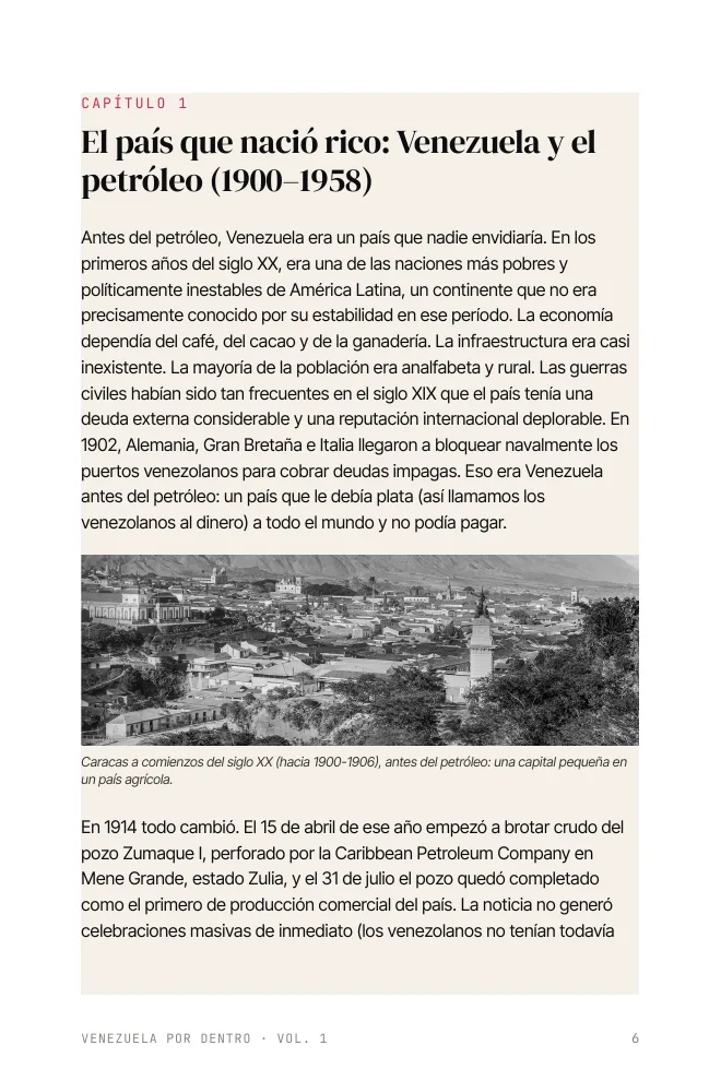 Página real del capítulo 1 del Vol. 1, con texto y una foto antigua de Caracas