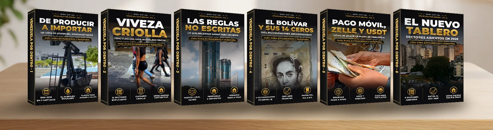 Los 6 libros de la colección Venezuela Por Dentro en una repisa de madera: De producir a importar, Viveza criolla, Las reglas no escritas, El bolívar y sus 14 ceros, Pago Móvil, Zelle y USDT, y El nuevo tablero